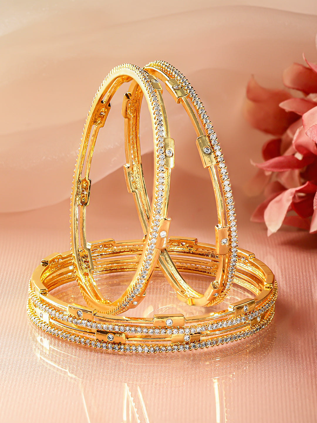 American Diamond Zirconia Studded Gold Bangles Set Of 4 2.6 - Medium