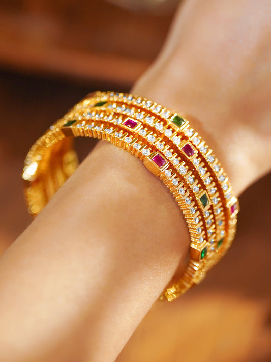 Set Of 4 American Diamond Zirconia Golden Bangles 2.10 - Extra Large