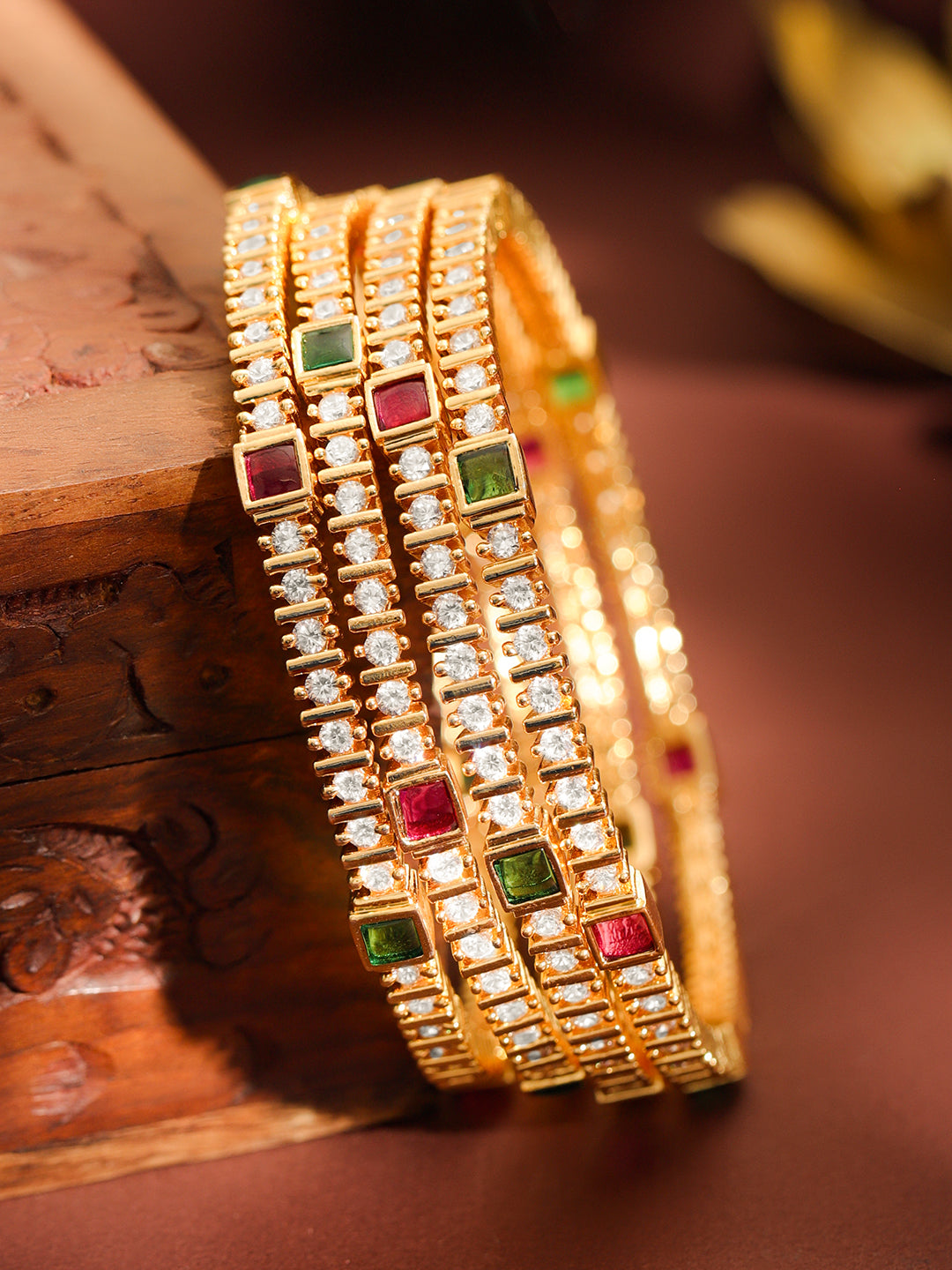 Set Of 4 American Diamond Zirconia Golden Bangles 2.10 - Extra Large