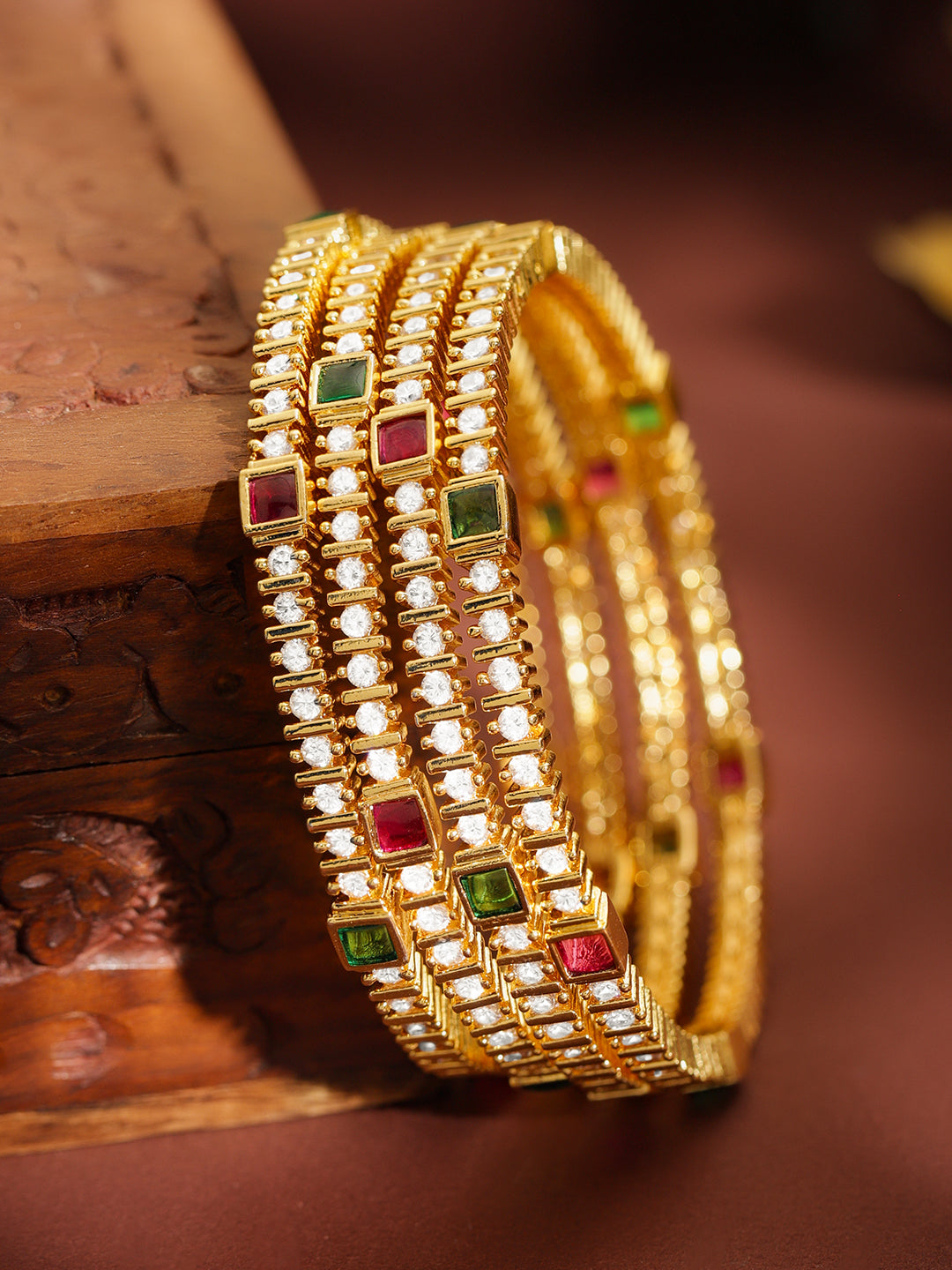 Set Of 4 American Diamond Zirconia Golden Bangles 2.4 - Small