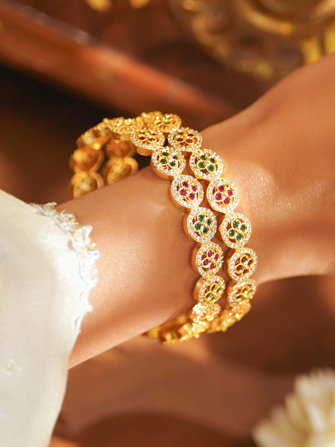 American Diamond Zirconia Pink & Green Bangles Set Of 2 2.4 - Small