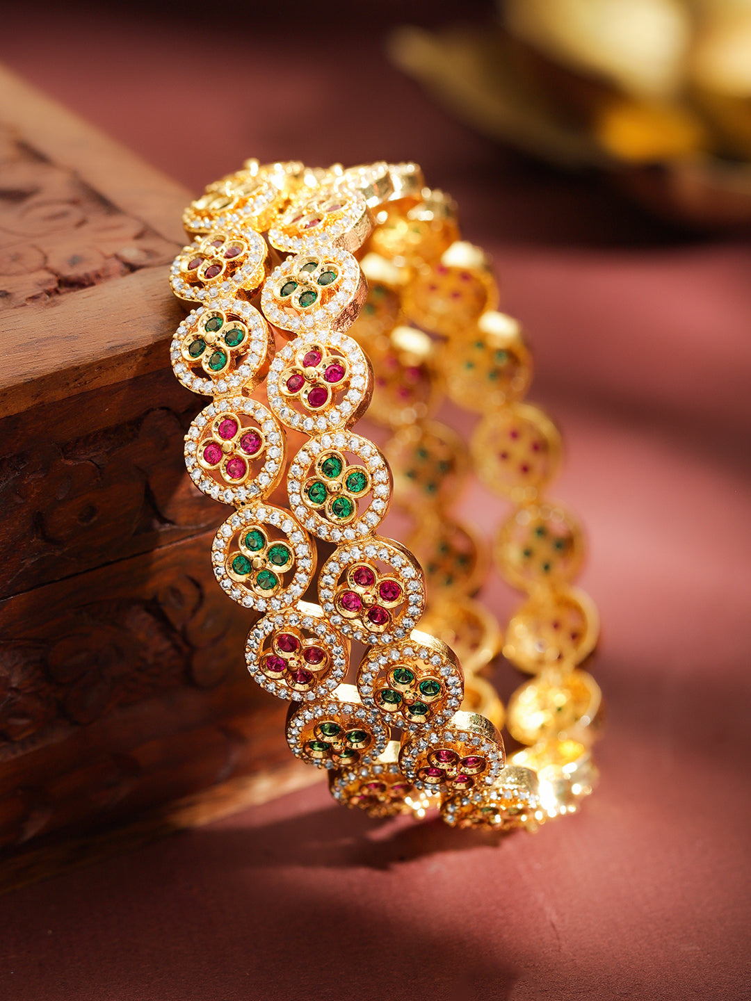 American Diamond Zirconia Pink & Green Bangles Set Of 2 2.10 - Extra Large
