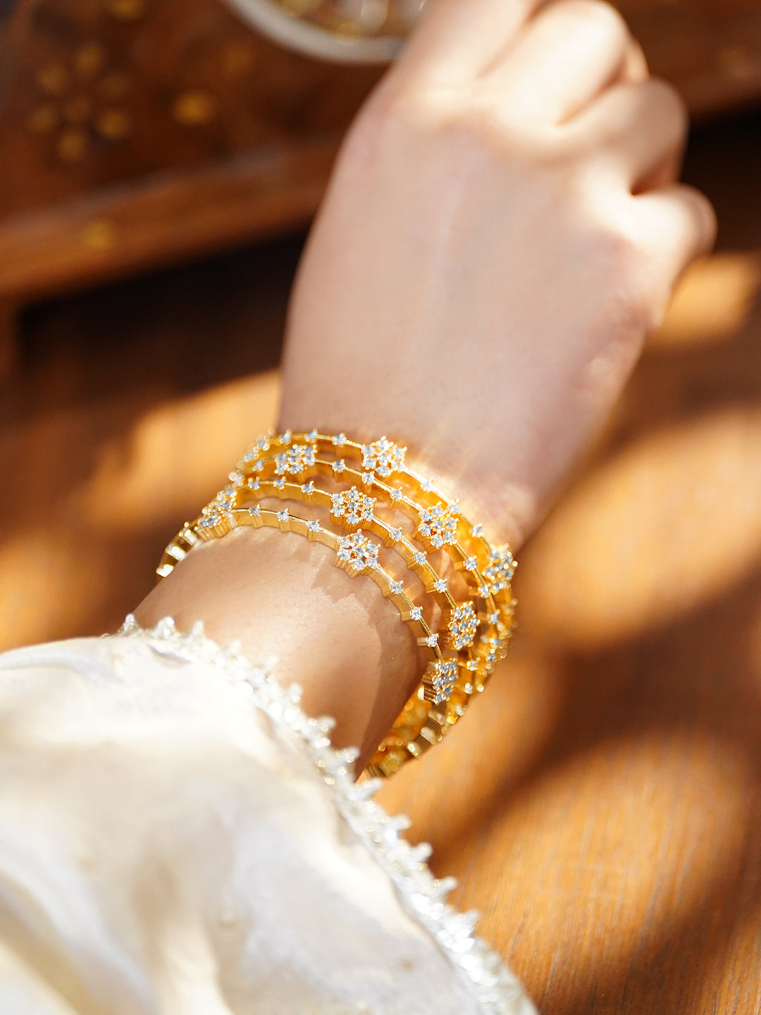Floral American Diamond Zirconia Gold Bangles Set Of 4 2.10 - Extra Large