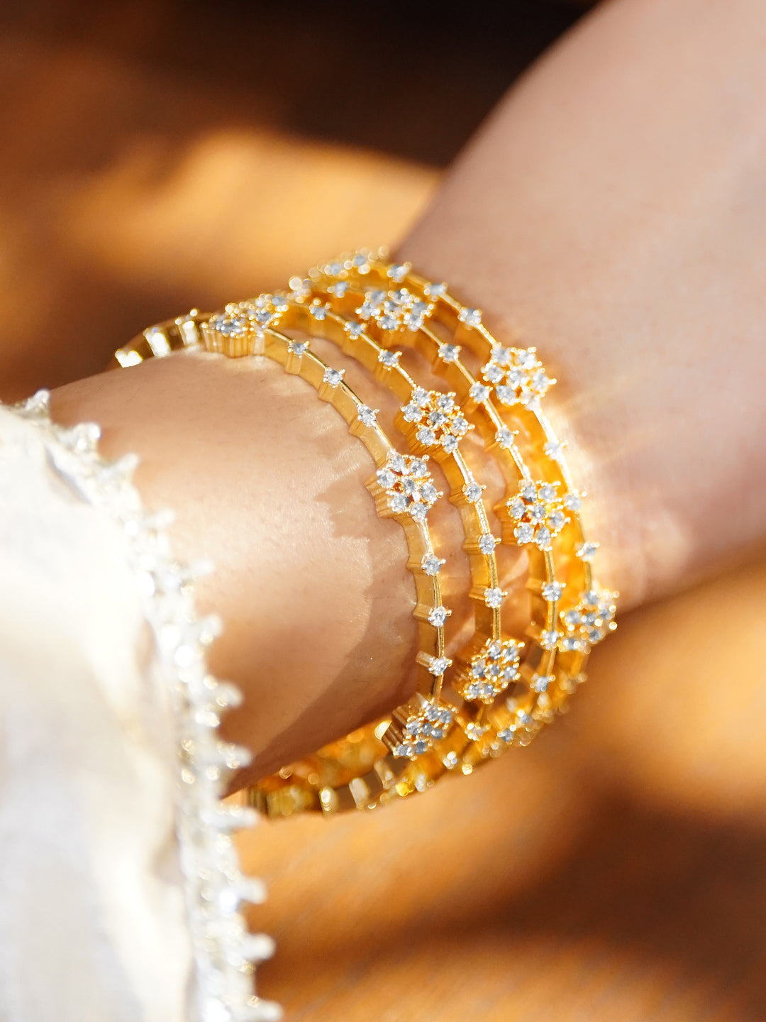 Floral American Diamond Zirconia Gold Bangles Set Of 4 2.6 - Medium