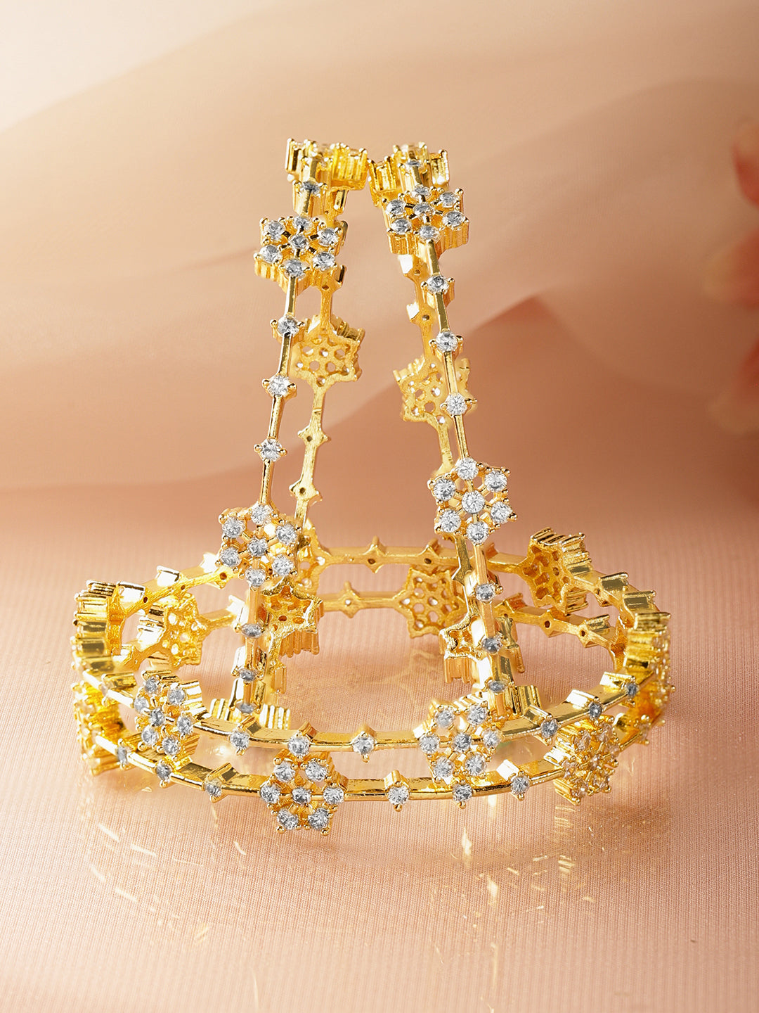 Floral American Diamond Zirconia Gold Bangles Set Of 4 2.8 - Large