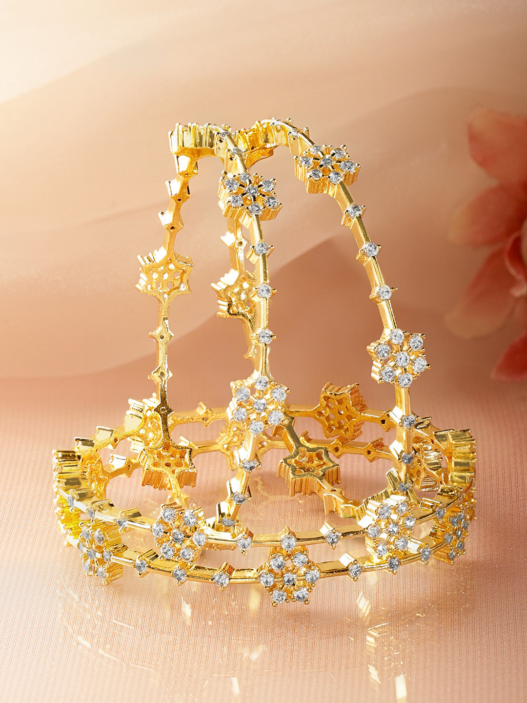 Floral American Diamond Zirconia Gold Bangles Set Of 4 2.8 - Large