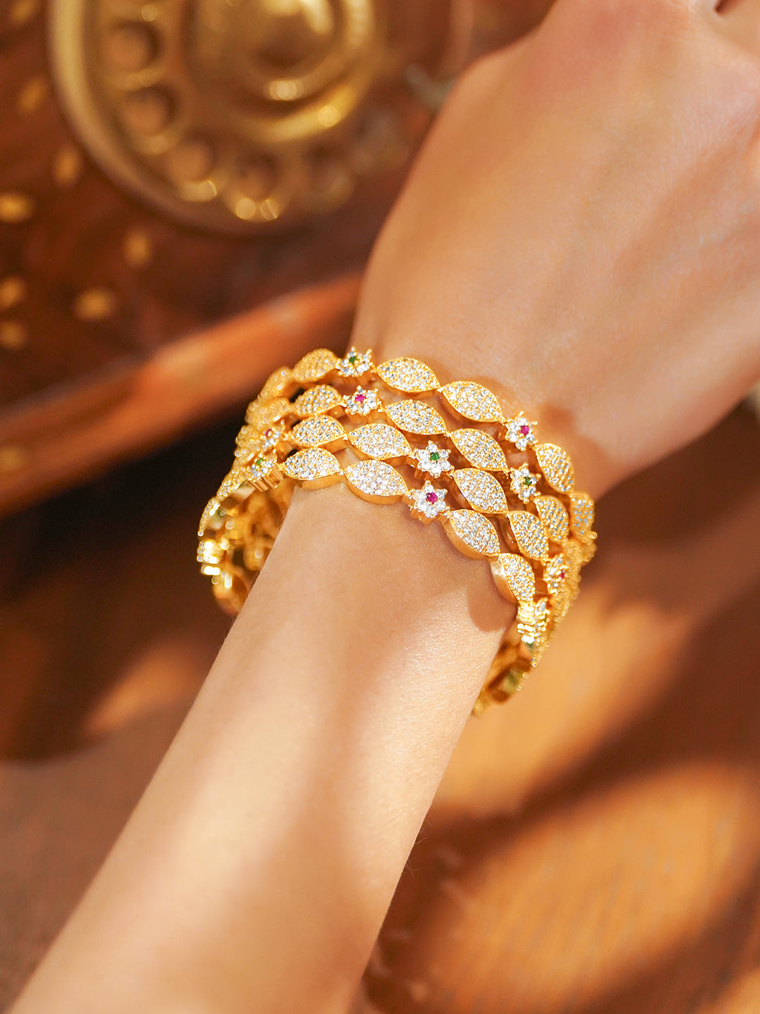 Golden American Diamond Zirconia Bangles Set Of 4 2.8 - Large