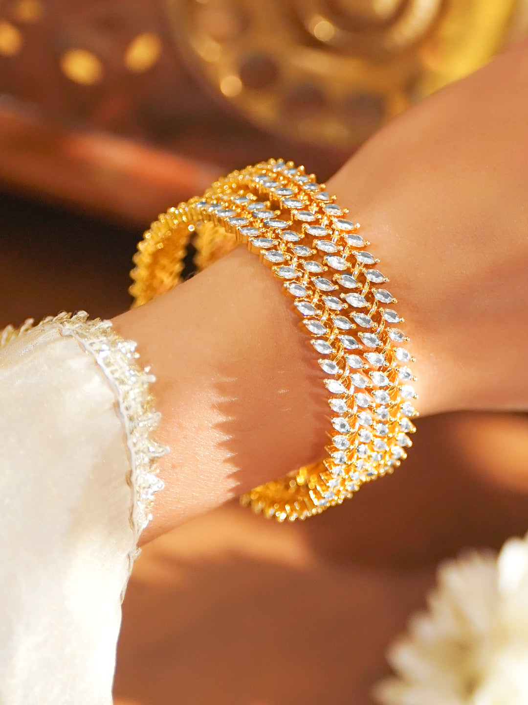 Set Of 2 American Diamond Zirconia Golden Bangles 2.6 - Medium