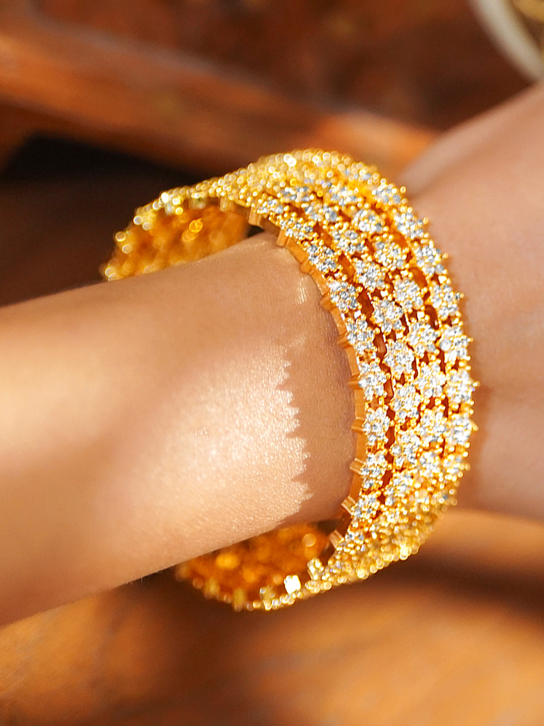 Floral American Diamond Zirconia Golden Bangles Set Of 4 2.6 - Medium