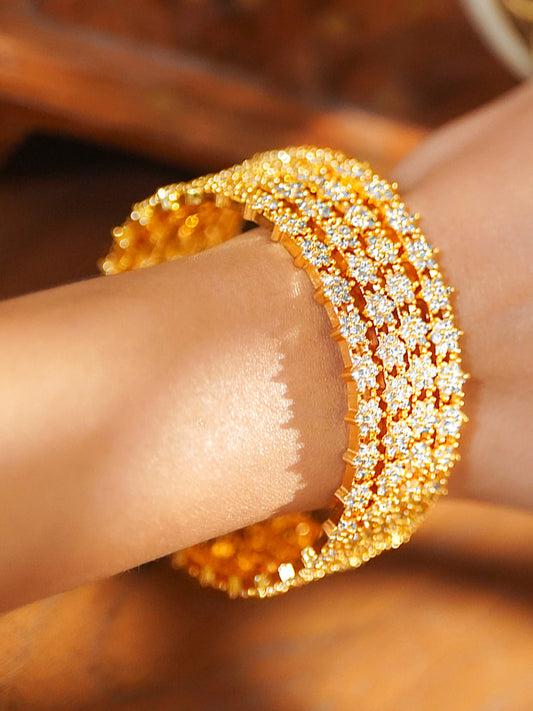 Floral American Diamond Zirconia Golden Bangles Set Of 4 2.4 - Small