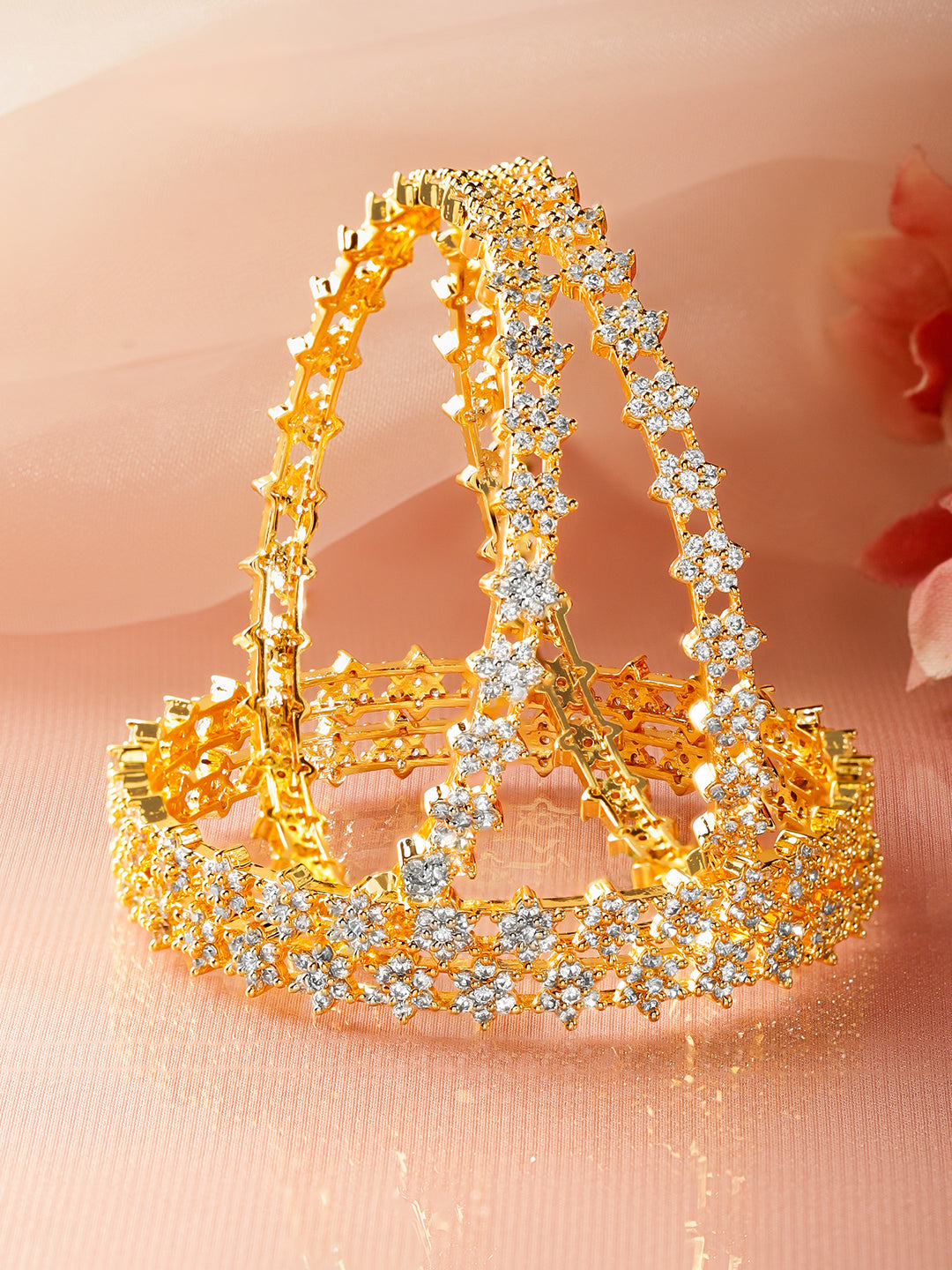 Floral American Diamond Zirconia Golden Bangles Set Of 4 2.8 - Large