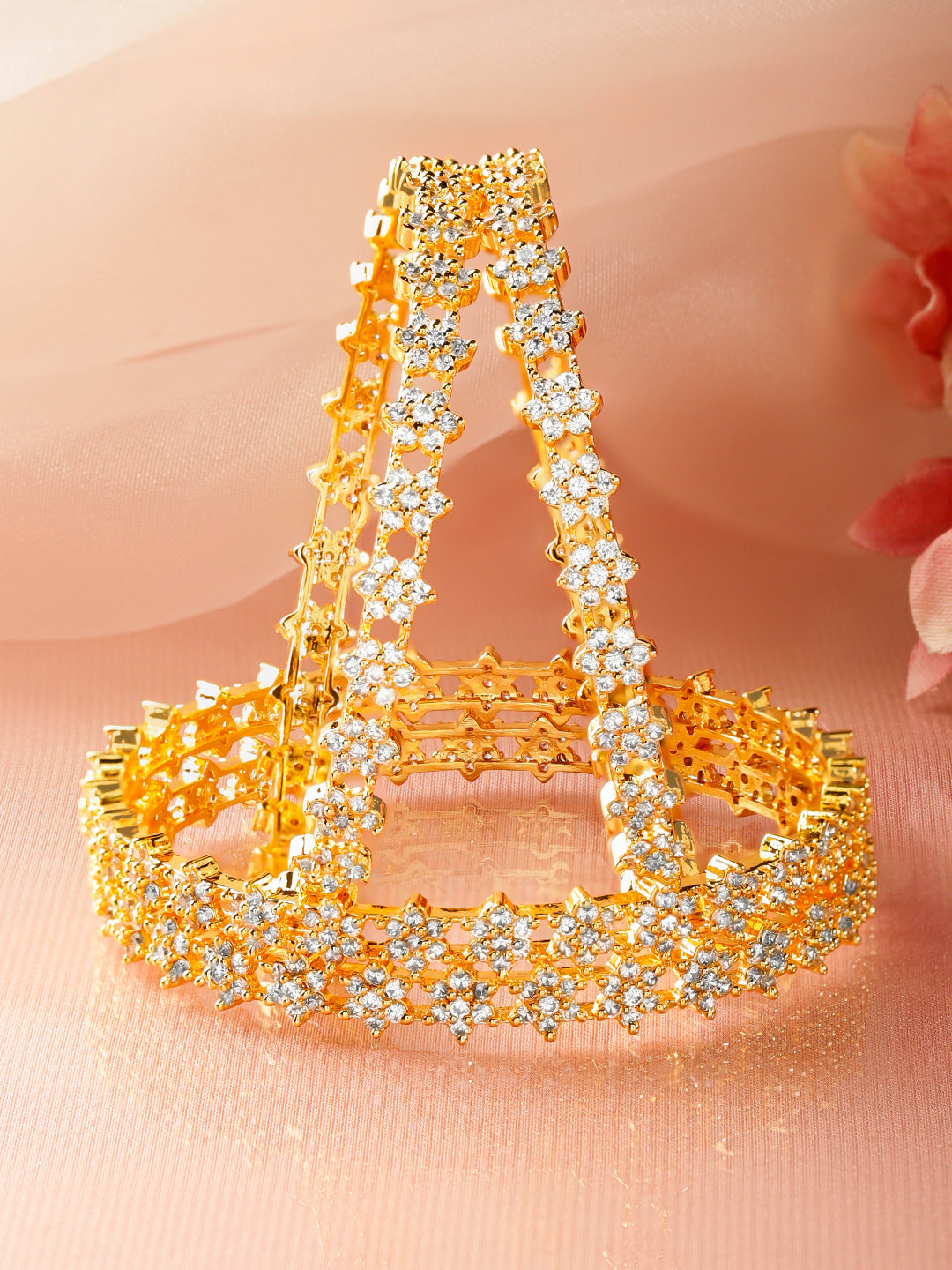 Floral American Diamond Zirconia Golden Bangles Set Of 4 2.10 - Extra Large