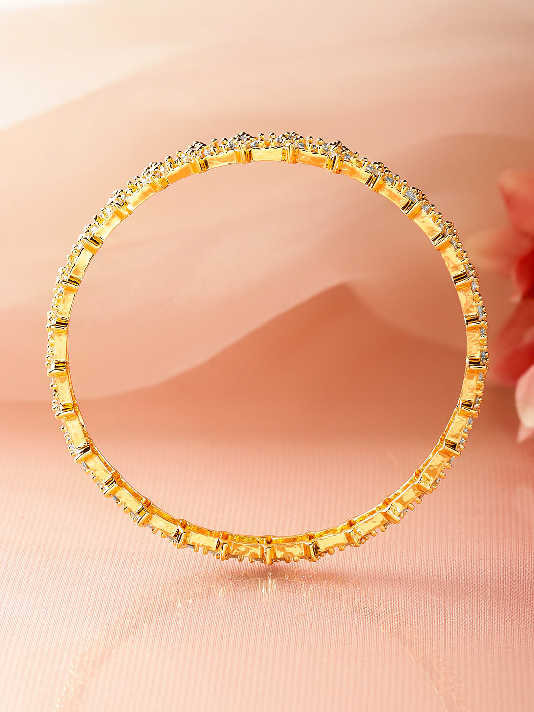 Floral American Diamond Zirconia Golden Bangles Set Of 4 2.4 - Small