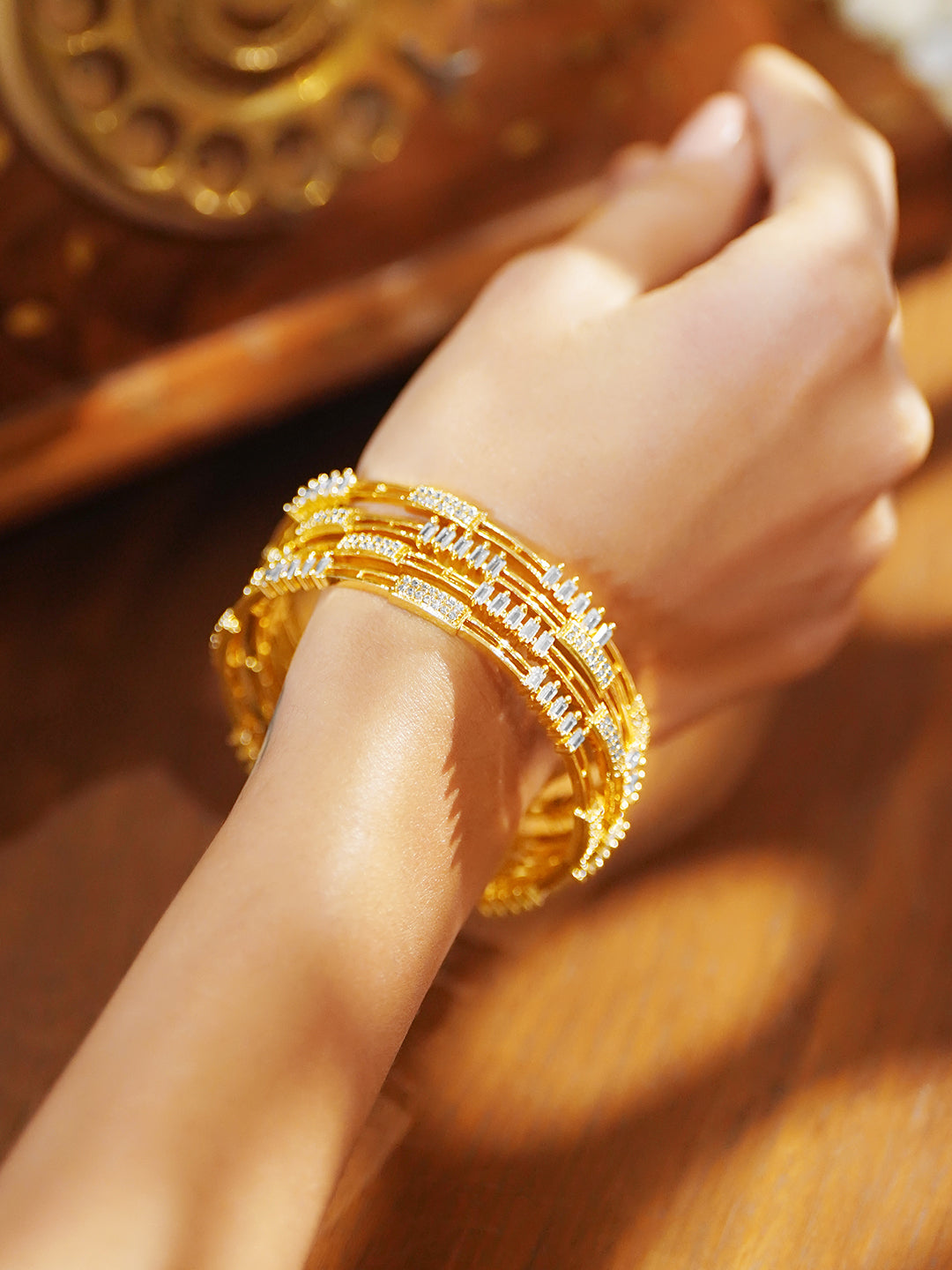 American Diamond Zirconia Cubic Gold Bangles Set Of 4 2.4 - Small