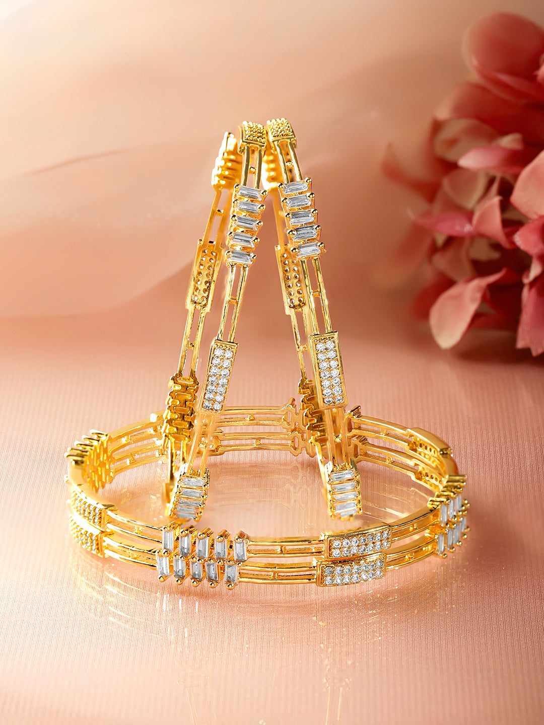 American Diamond Zirconia Cubic Gold Bangles Set Of 4 2.8 - Large