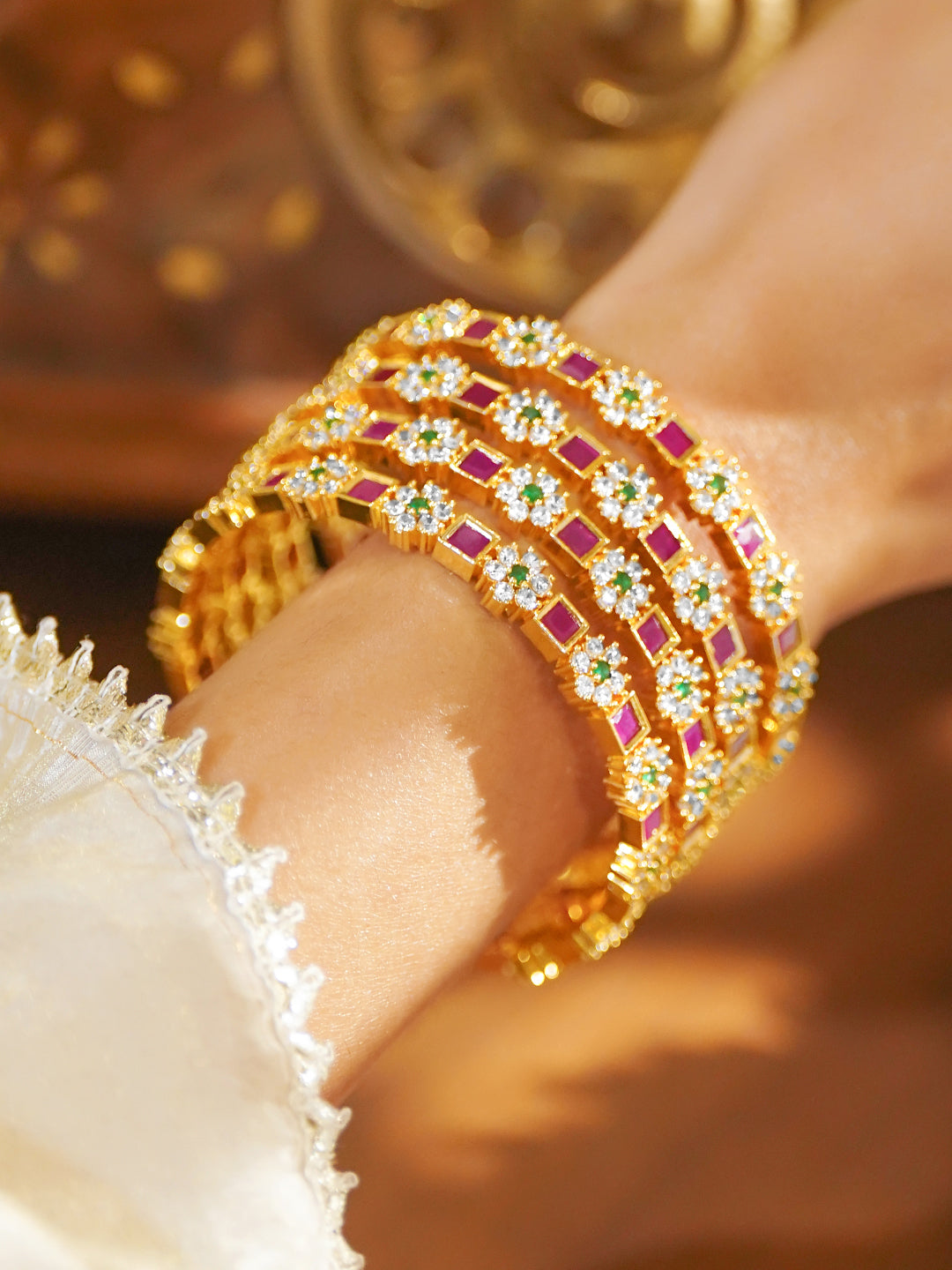 Gold Toned Multicolor Studded Bangles Set Of 4 2.10 - Extra Large