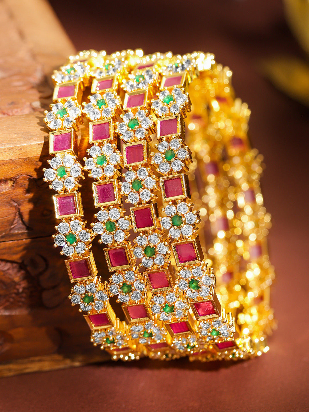Gold Toned Multicolor Studded Bangles Set Of 4 2.10 - Extra Large