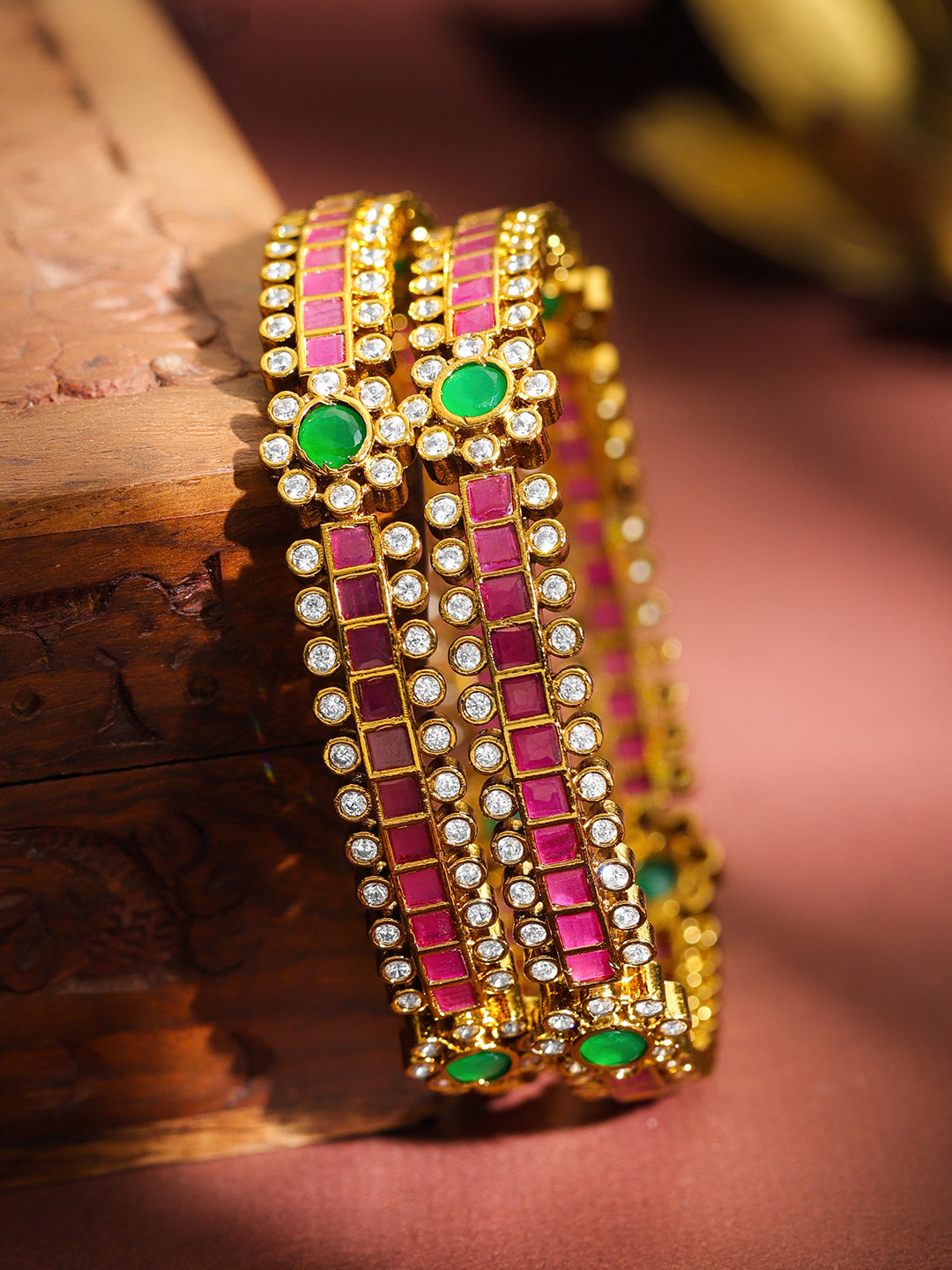 American Diamond Zirconia Pink Bangles Set Of 2 2.4 - Small