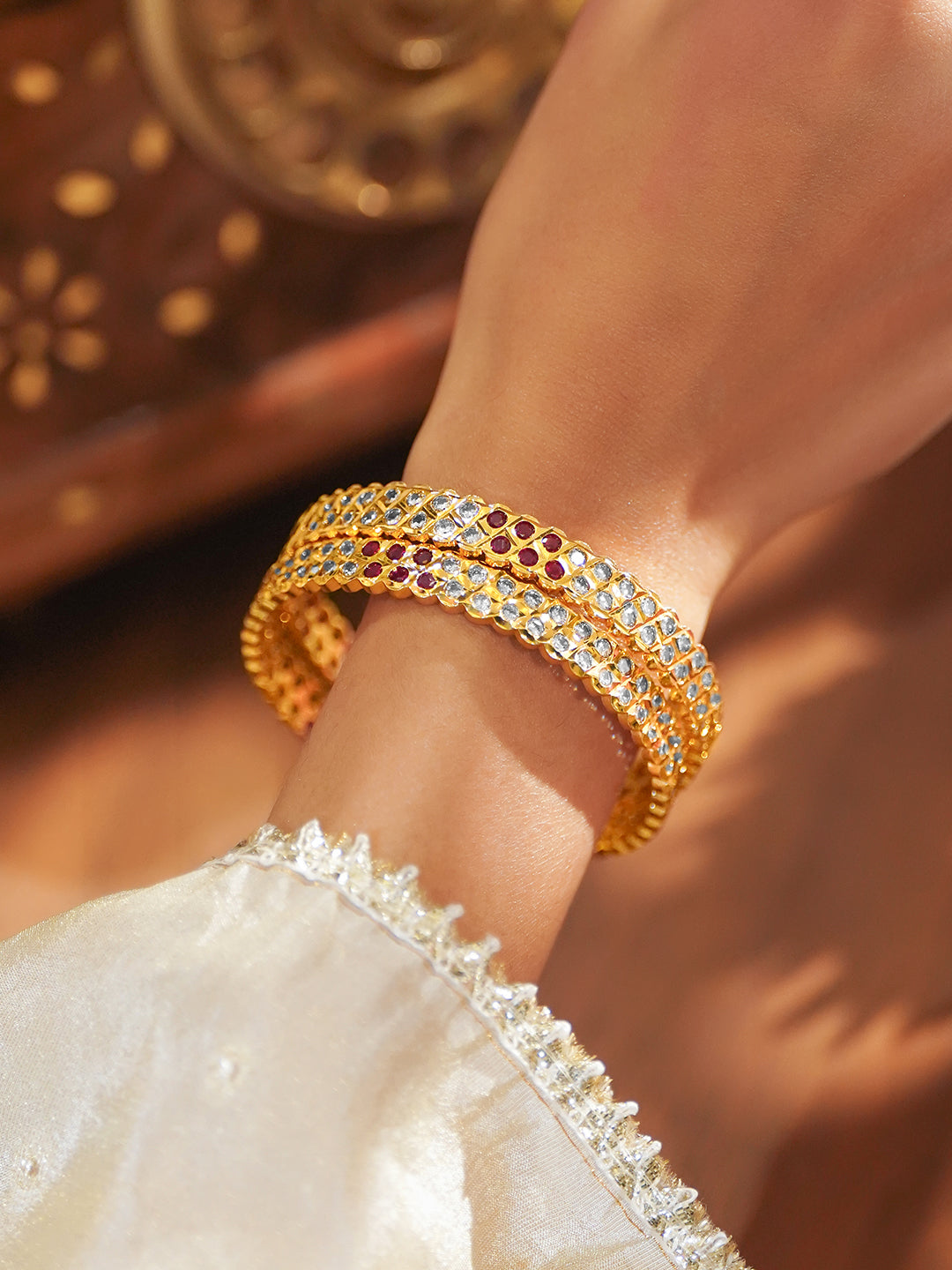 Set Of 2 Pink American Diamond Zirconia Gold Bangles 2.4 - Small