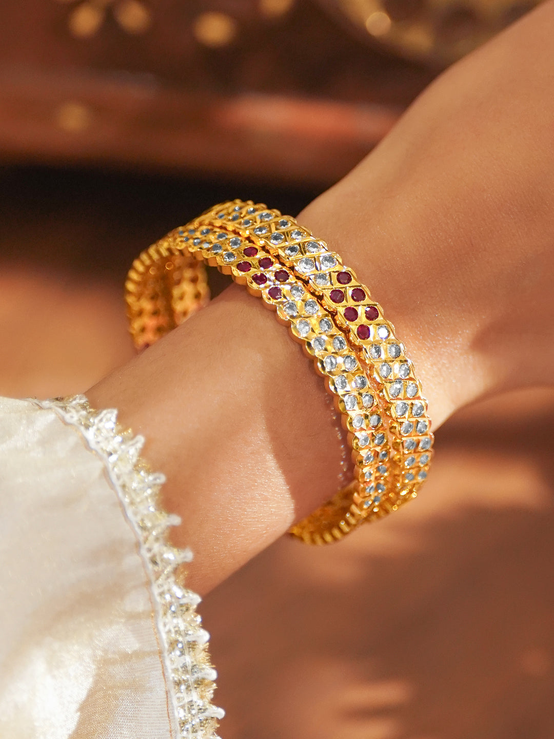 Set Of 2 Pink American Diamond Zirconia Gold Bangles 2.10 - Extra Large