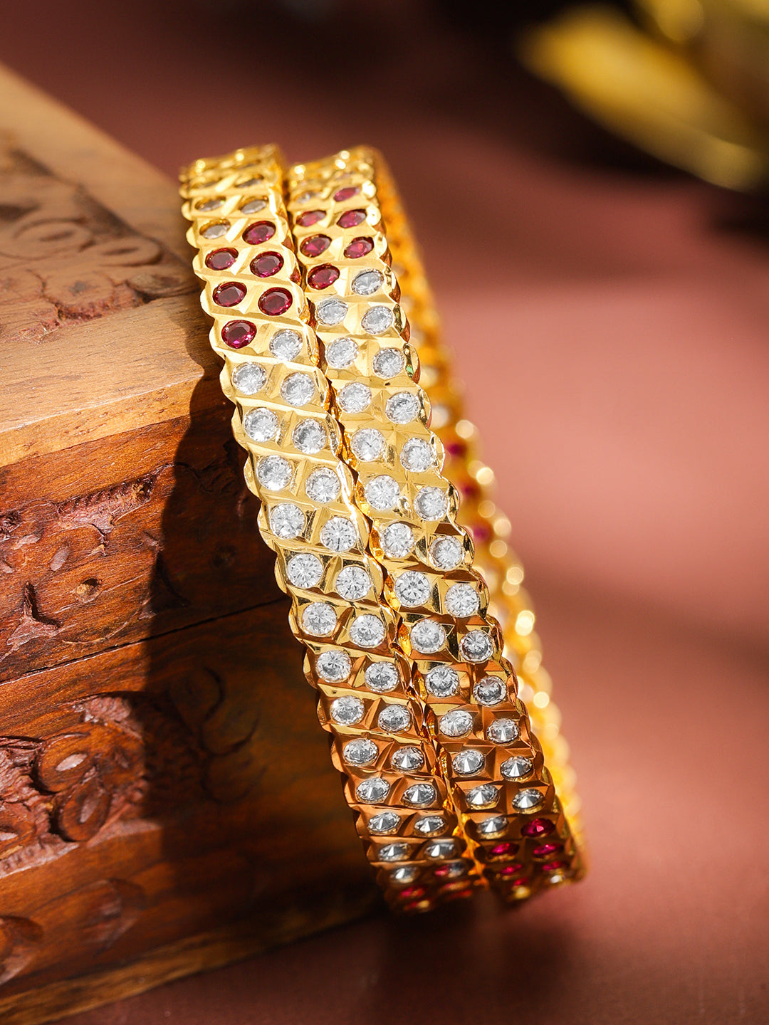 Set Of 2 Pink American Diamond Zirconia Gold Bangles 2.4 - Small