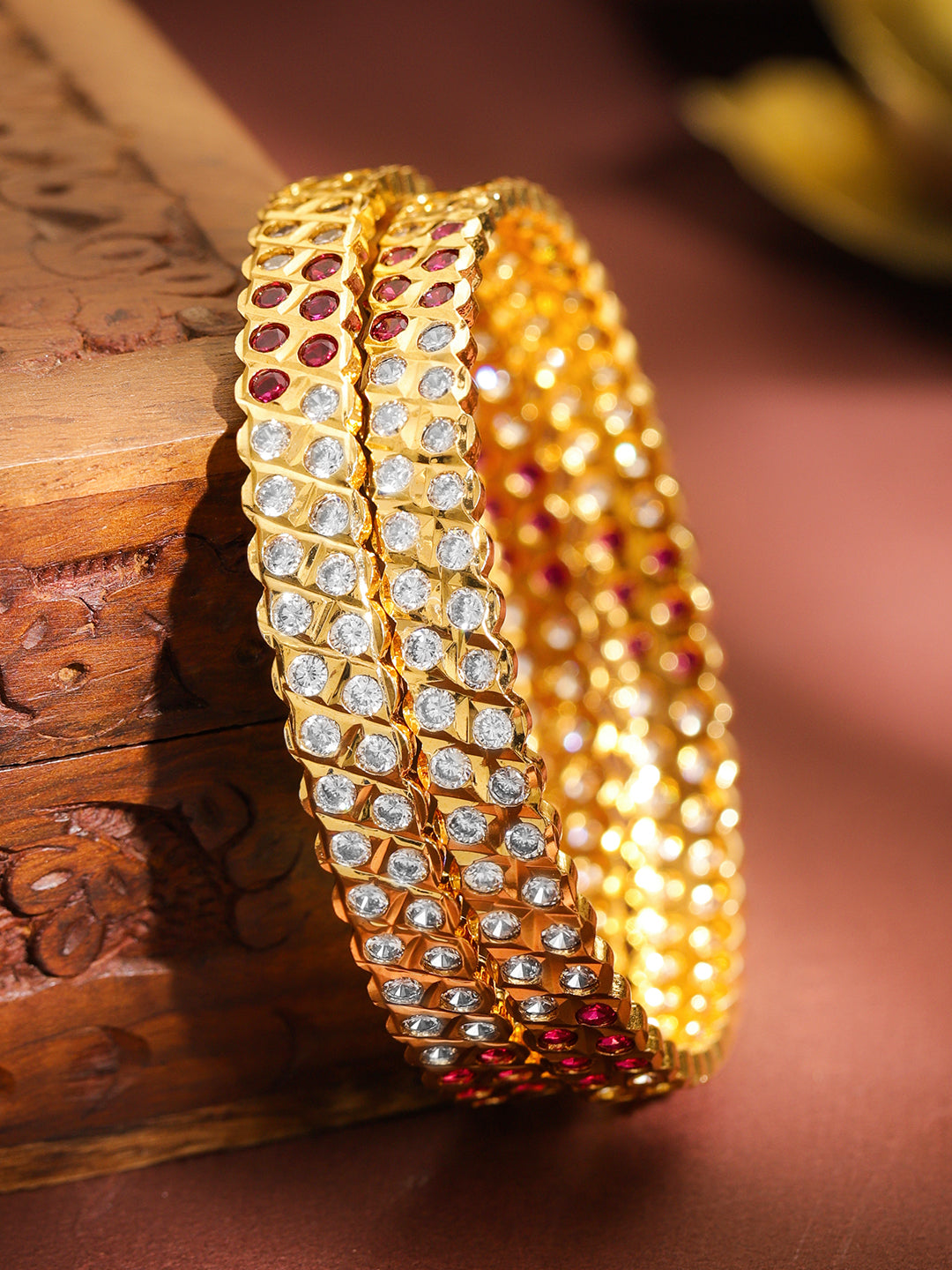 Set Of 2 Pink American Diamond Zirconia Gold Bangles 2.4 - Small