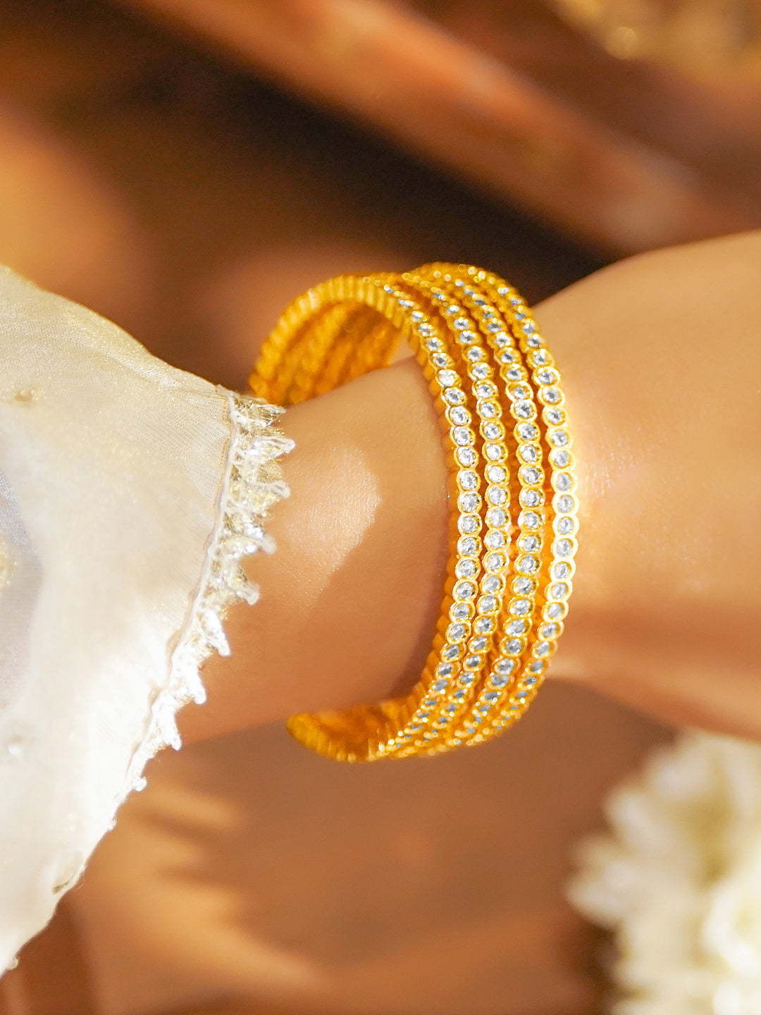 Gold Toned American Diamond Zirconia Studded Bangles Set Of 4 2.8 - Large