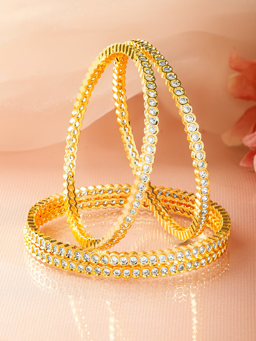 Gold Toned American Diamond Zirconia Studded Bangles Set Of 4 2.4 - Small