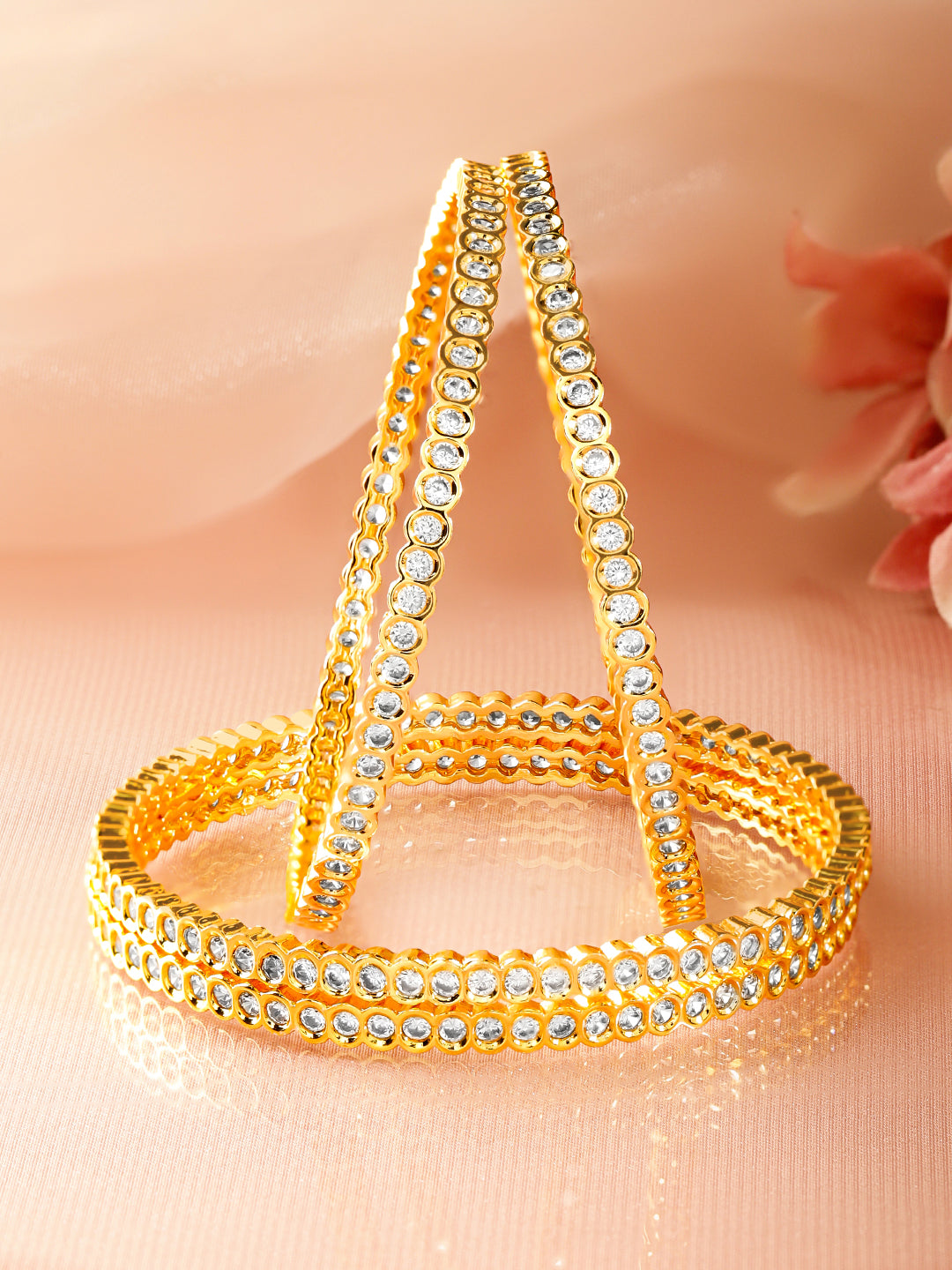 Gold Toned American Diamond Zirconia Studded Bangles Set Of 4 2.4 - Small