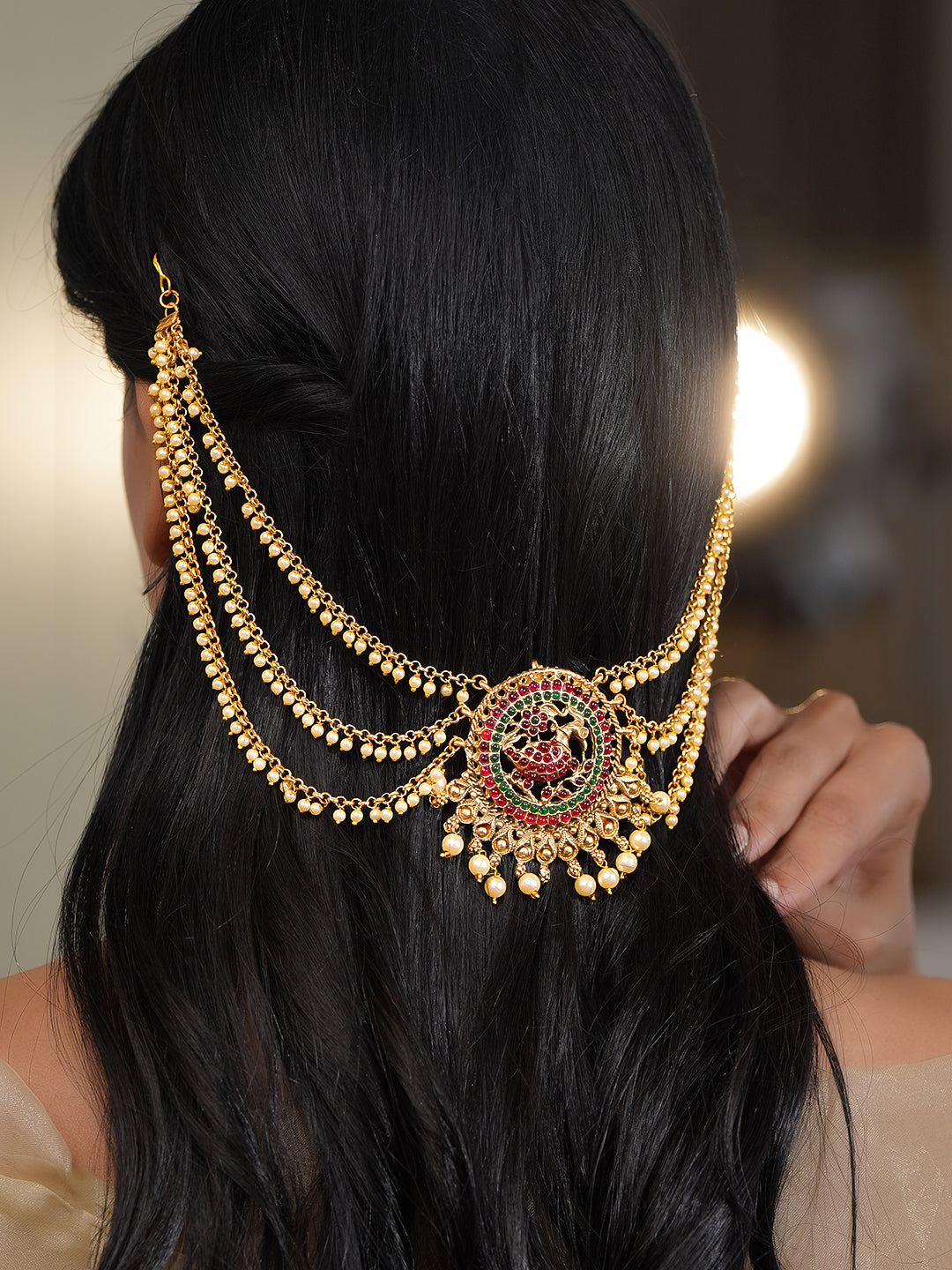 Gold Pearl Layered Bridal Hair Jewellery フリーサイズ