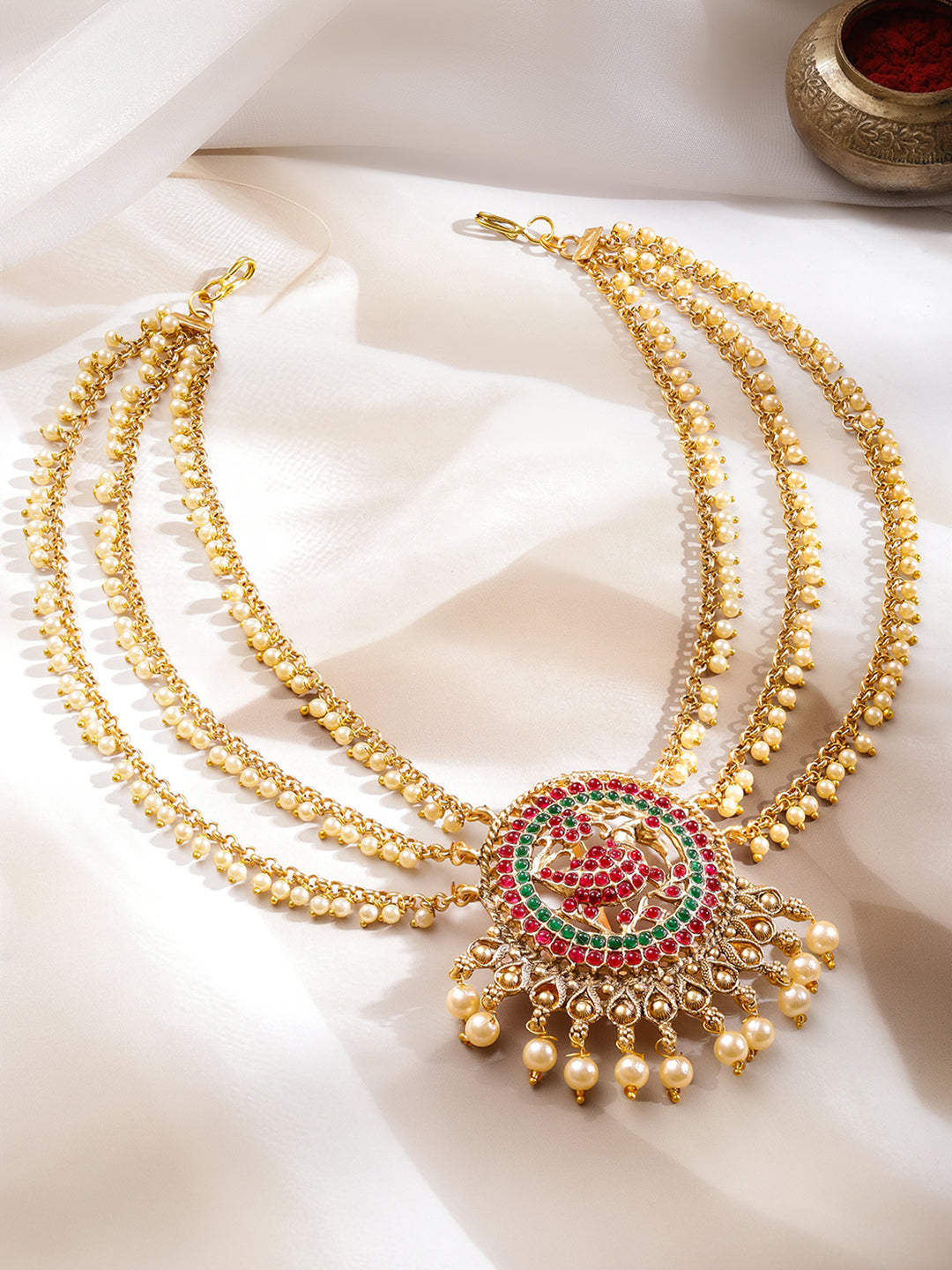 Gold Pearl Layered Bridal Hair Jewellery フリーサイズ