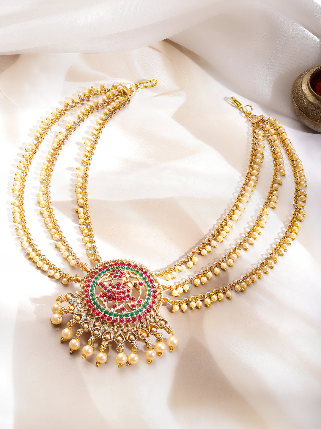 Gold Pearl Layered Bridal Hair Jewellery フリーサイズ