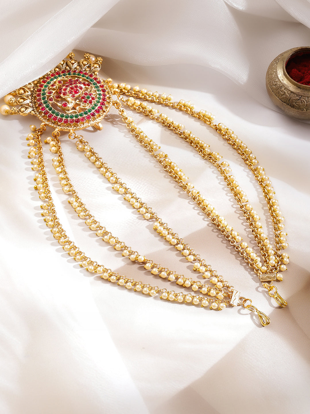 Gold Pearl Layered Bridal Hair Jewellery フリーサイズ