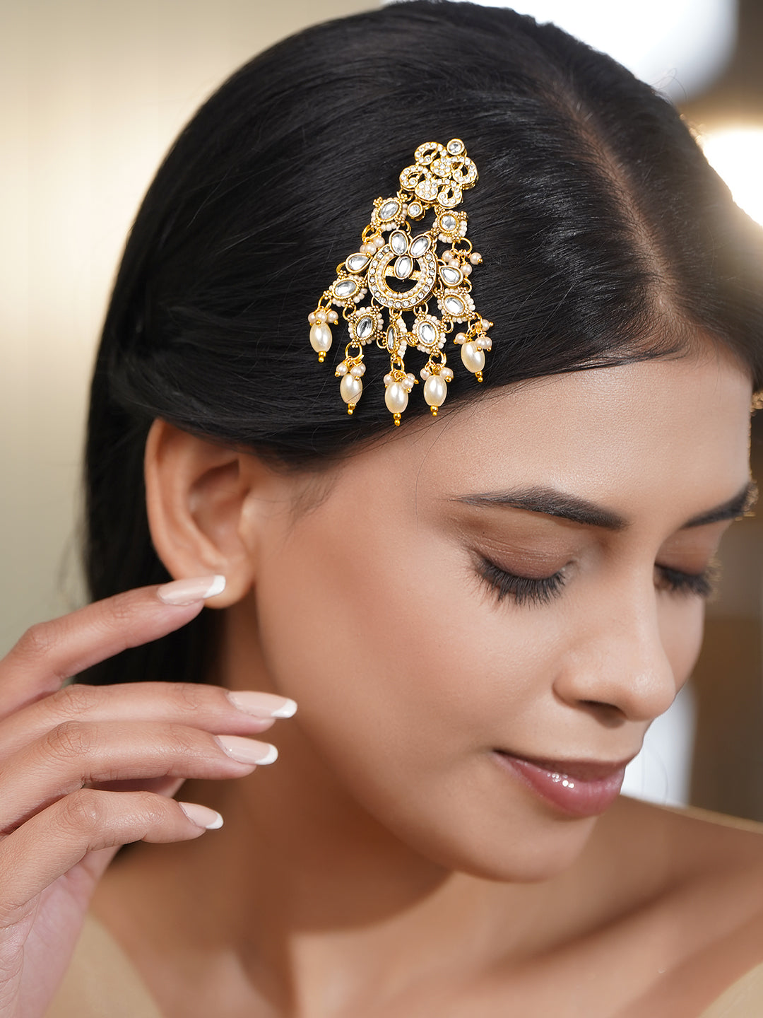 Royal Kundan Pearl Statement Hair Accessory フリーサイズ