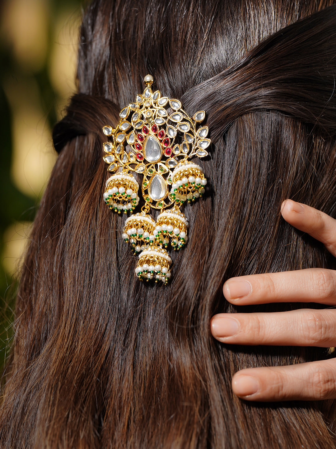Emerald Mist Rosy Kundan Hair Brooch フリーサイズ