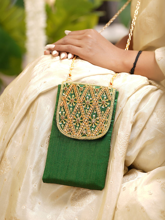 Regal Green Embroidered Festive Mobile Sling Pouch フリーサイズ
