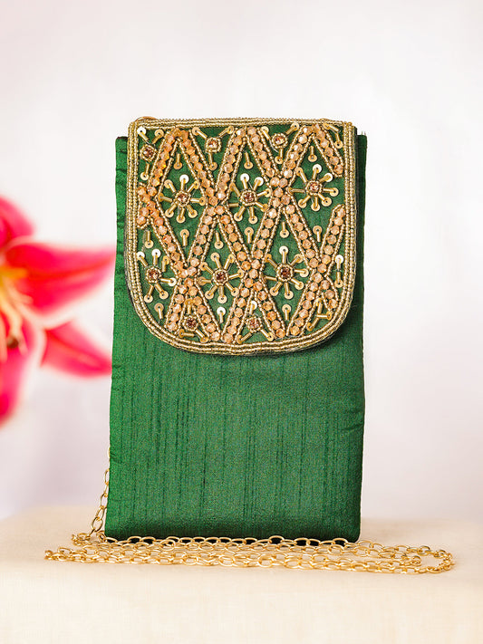 Regal Green Embroidered Festive Mobile Sling Pouch フリーサイズ