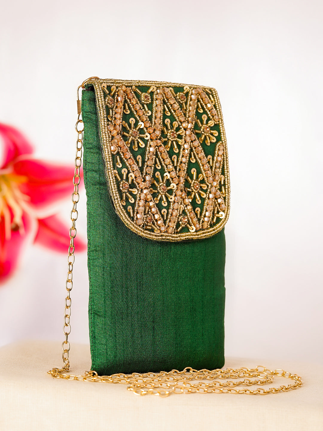 Regal Green Embroidered Festive Mobile Sling Pouch フリーサイズ