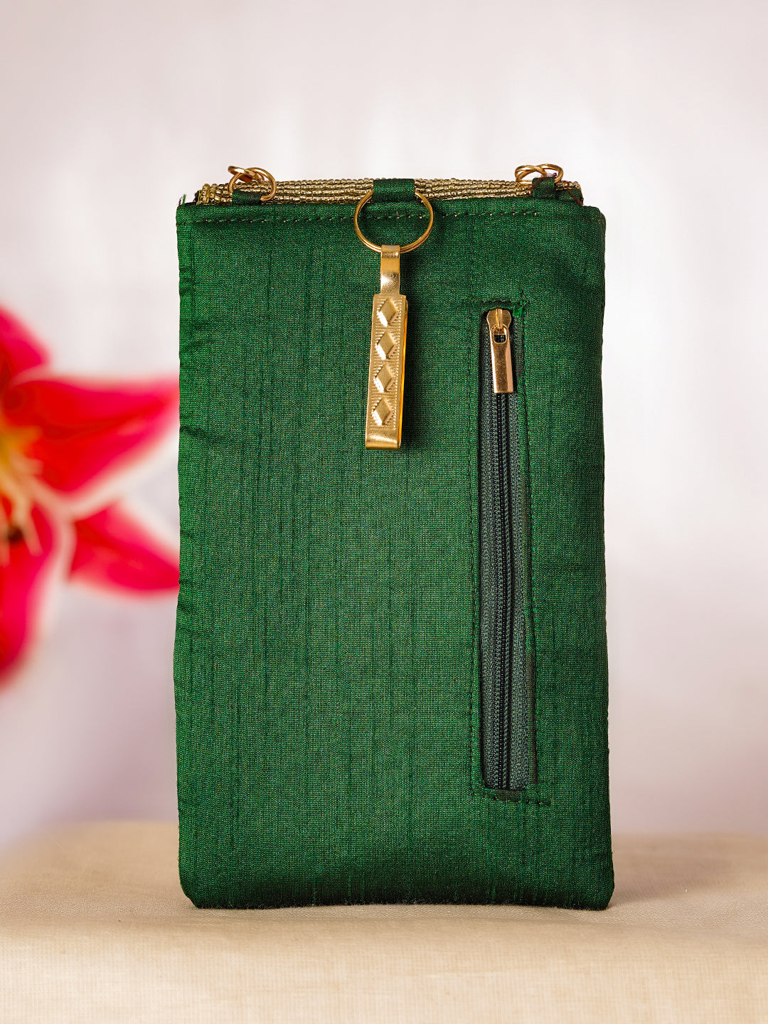 Regal Green Embroidered Festive Mobile Sling Pouch フリーサイズ