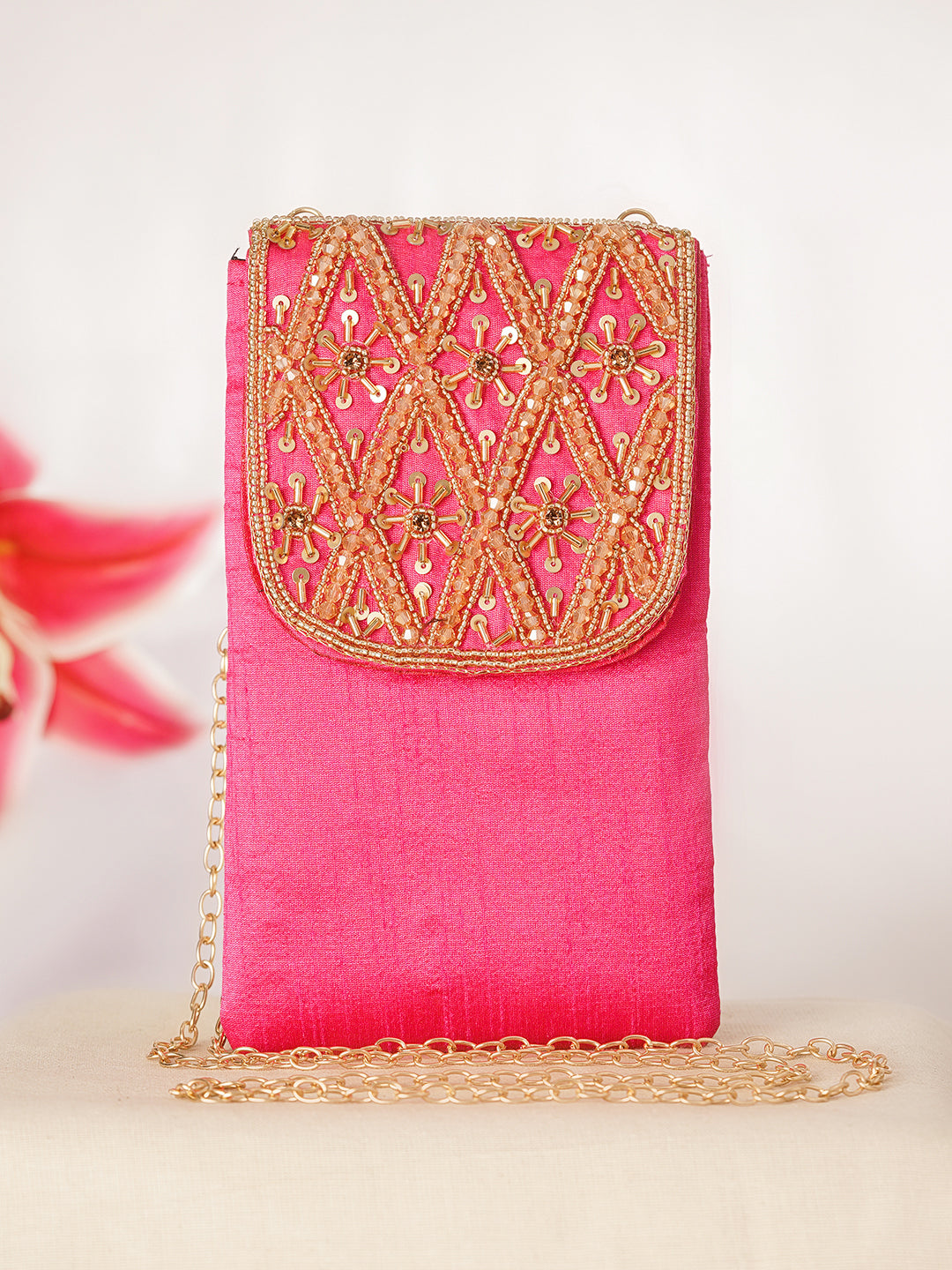 Hot Pink Embroidered Festive Mobile Sling Pouch フリーサイズ