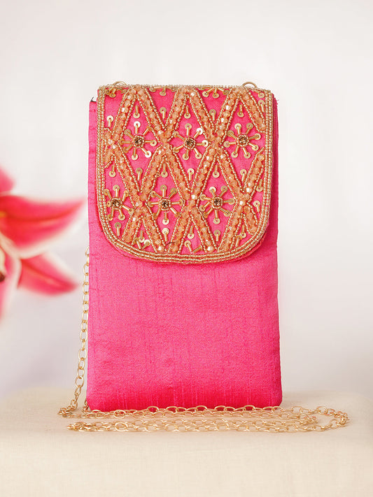 Hot Pink Embroidered Festive Mobile Sling Pouch フリーサイズ