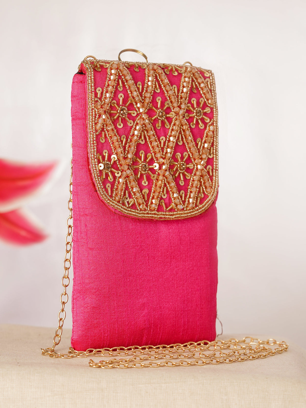 Hot Pink Embroidered Festive Mobile Sling Pouch フリーサイズ