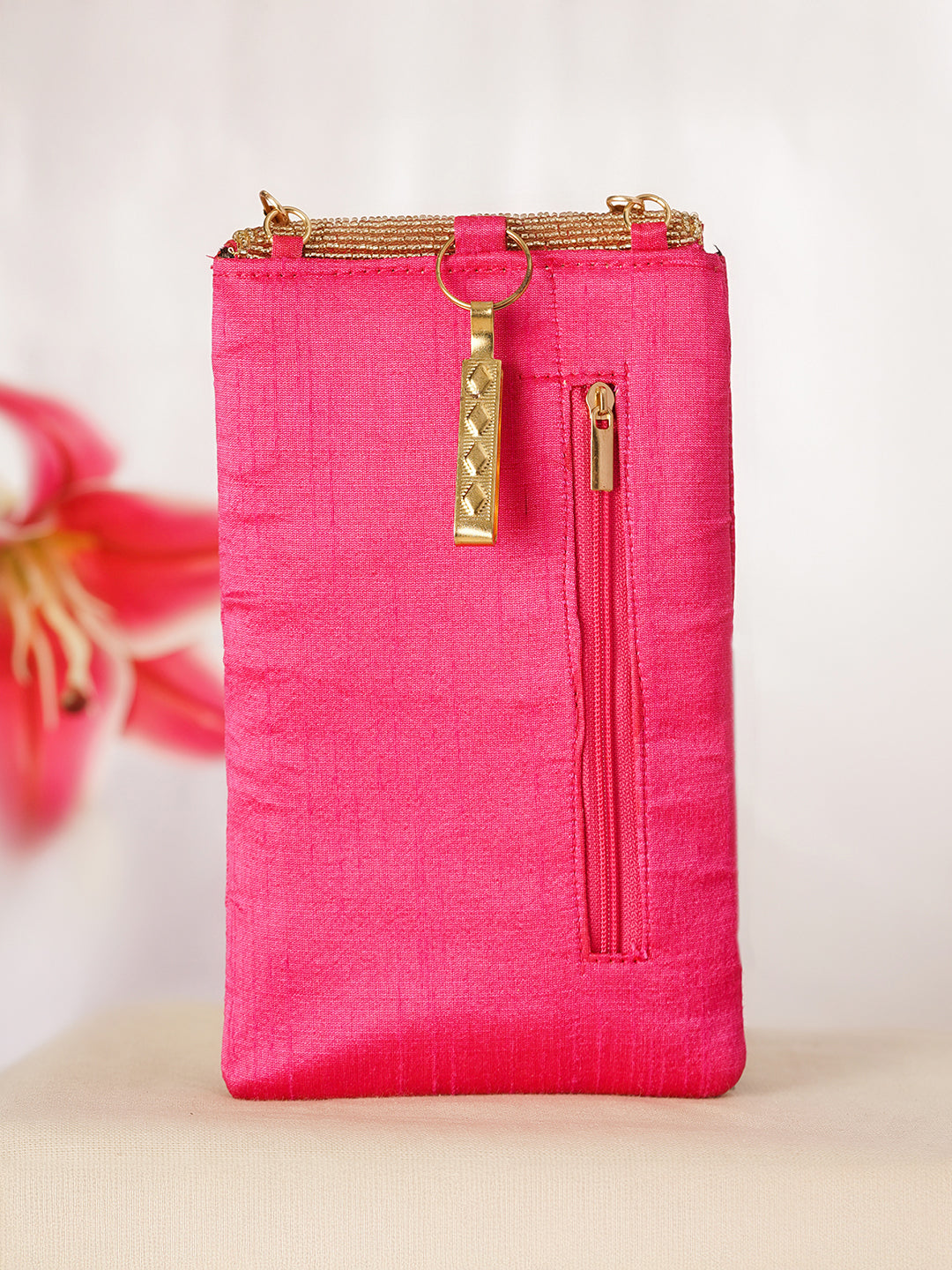 Hot Pink Embroidered Festive Mobile Sling Pouch フリーサイズ