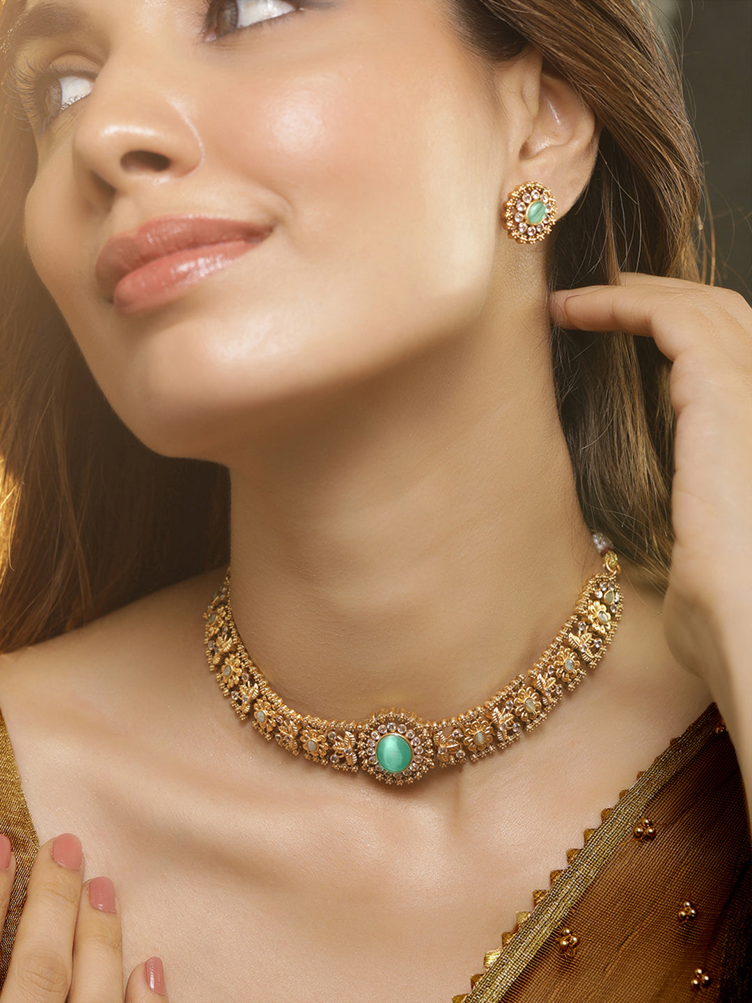 American Diamond Zirconia Green Choker Set Green
