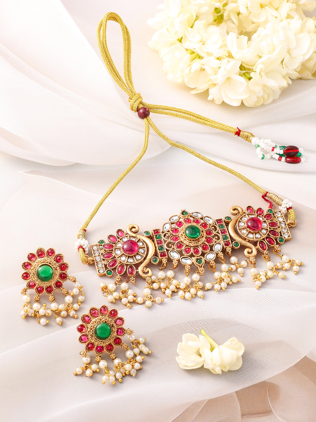 Red & Green Studded Kundan Floral Choker Set フリーサイズ