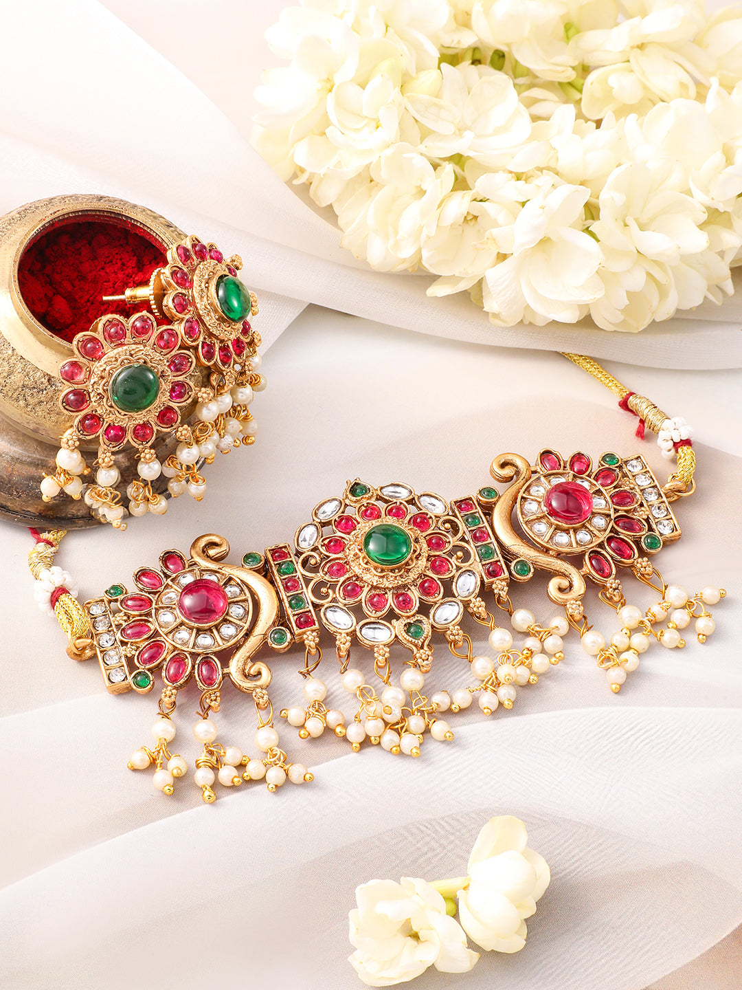 Red & Green Studded Kundan Floral Choker Set フリーサイズ