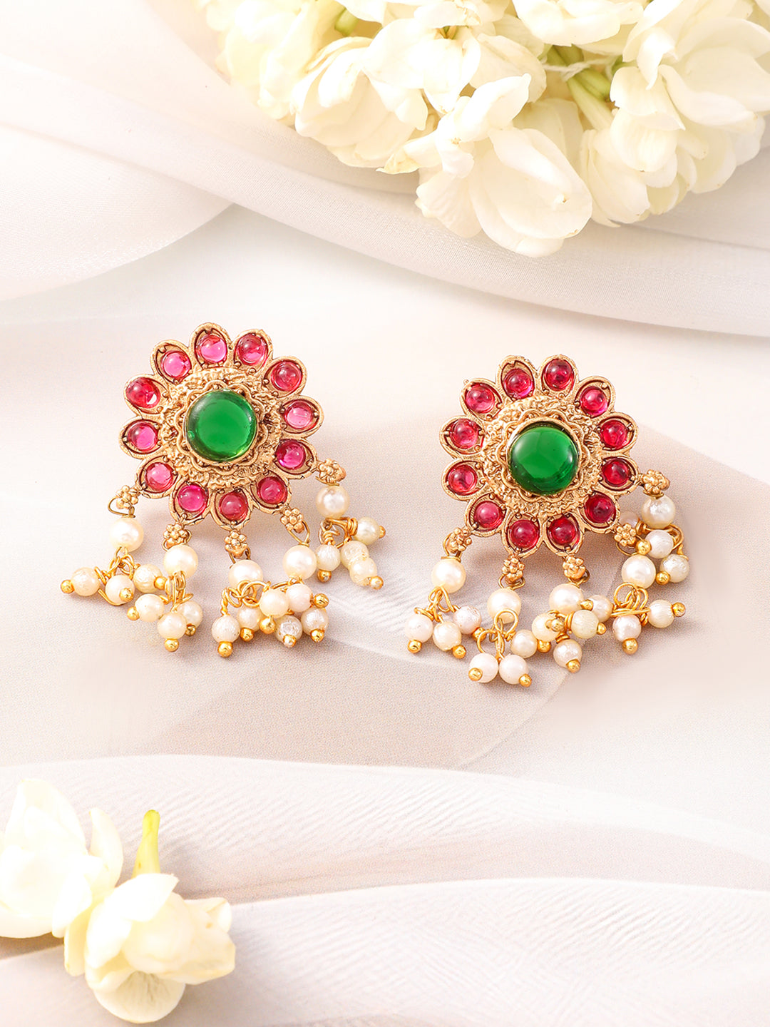 Red & Green Studded Kundan Floral Choker Set フリーサイズ