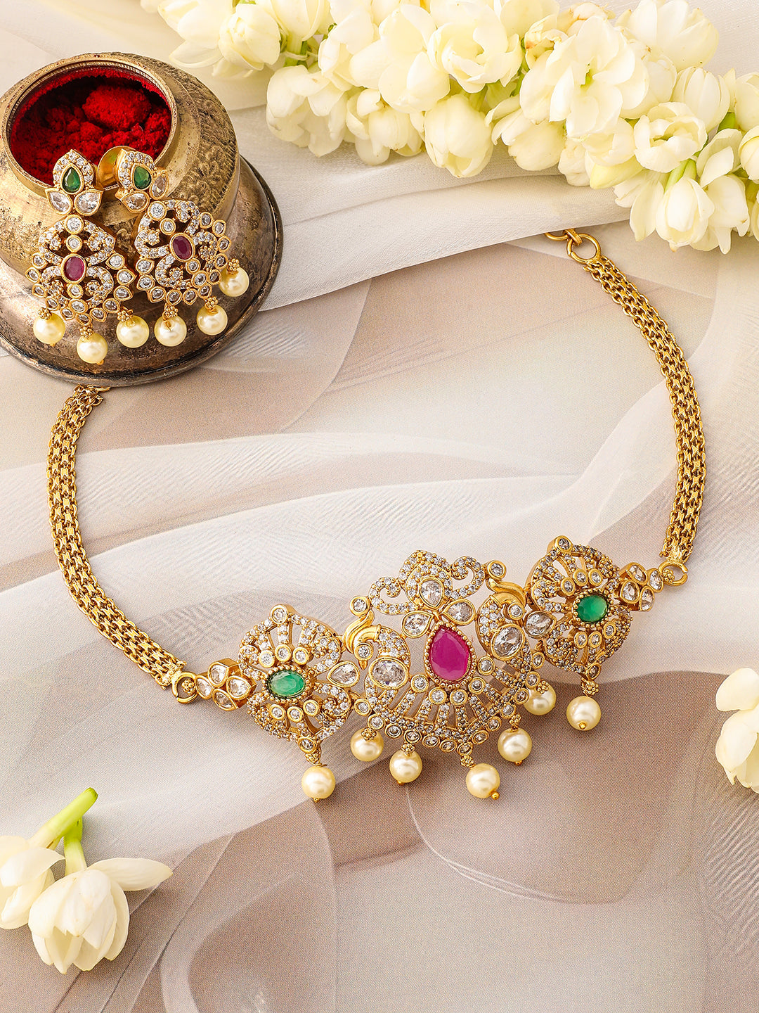 American Diamond Zirconia Necklace Gold Toned Set フリーサイズ