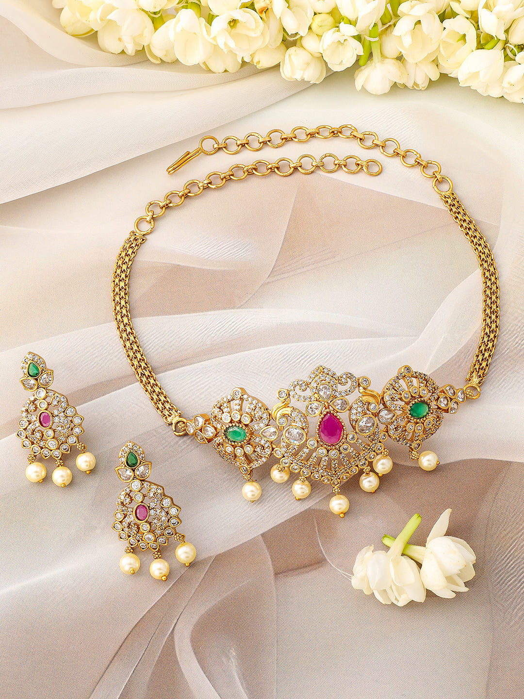 American Diamond Zirconia Necklace Gold Toned Set フリーサイズ