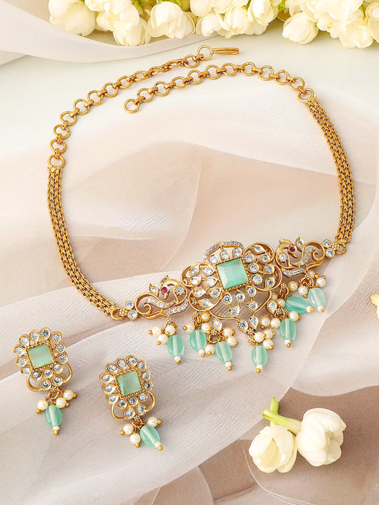 American Diamond Zirconia Green Beads Necklace Set フリーサイズ